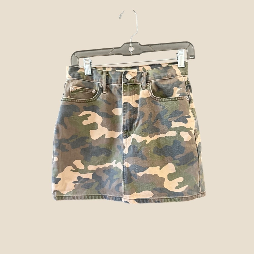 Gap 1969 Womens Camouflage Denim Mini Skirt Green‎ Brown Camo Size 26 High Rise